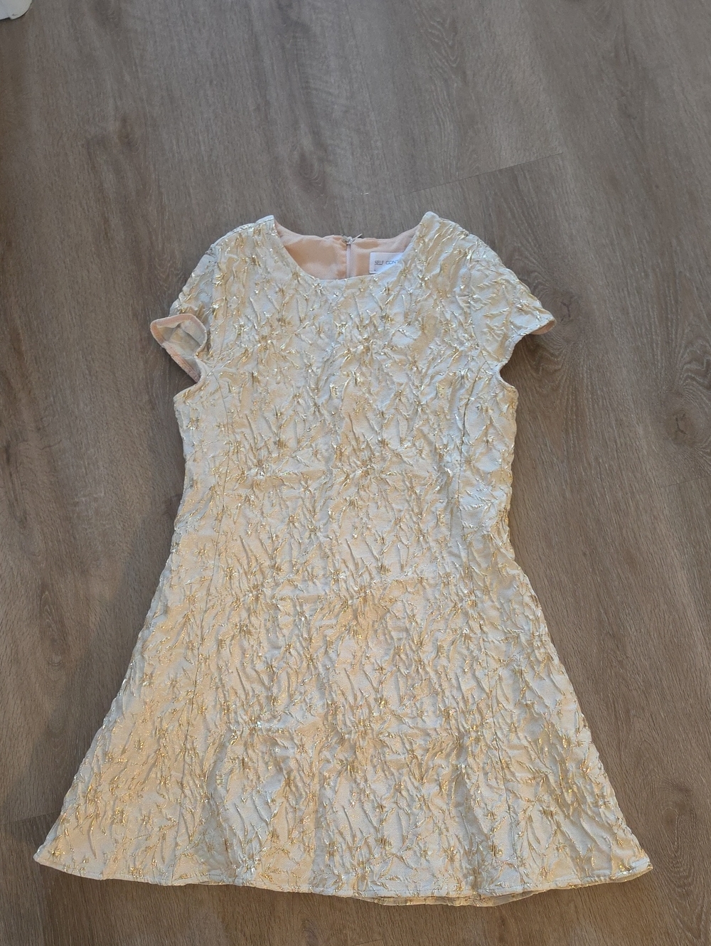 Self Contrast Cream & Gold Embellished Short Sleeve Dress L